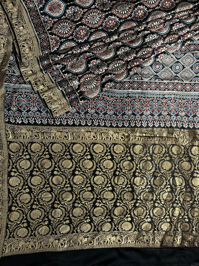 KAMINI: Handblock Ajrakh Dola Silk Saree with Meenakari Pallu