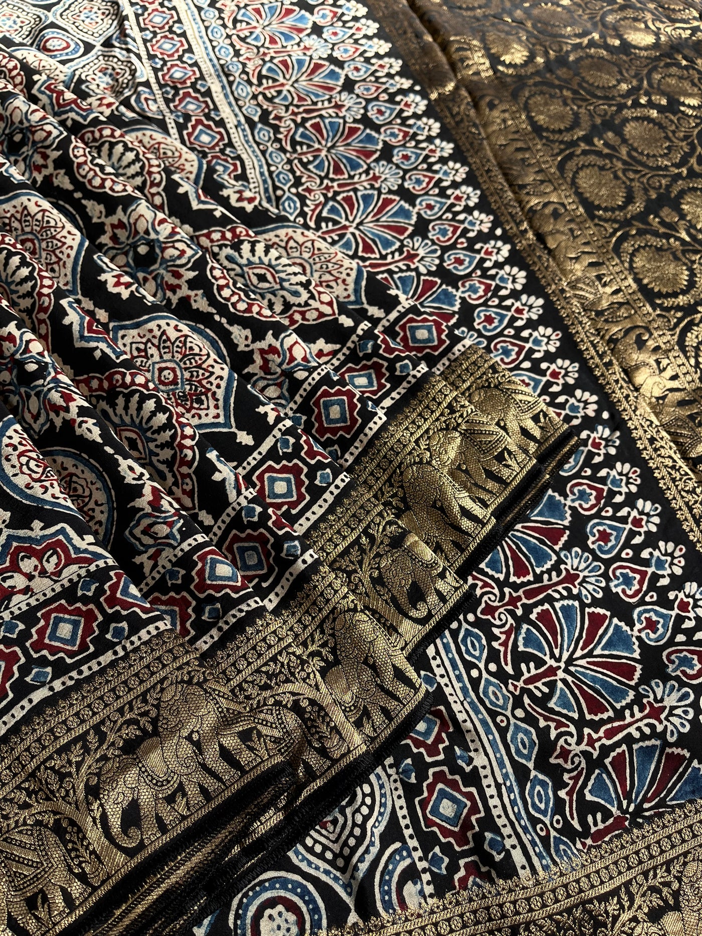 KAMINI: Handblock Ajrakh Dola Silk Saree with Meenakari Pallu