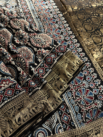KAMINI: Handblock Ajrakh Dola Silk Saree with Meenakari Pallu
