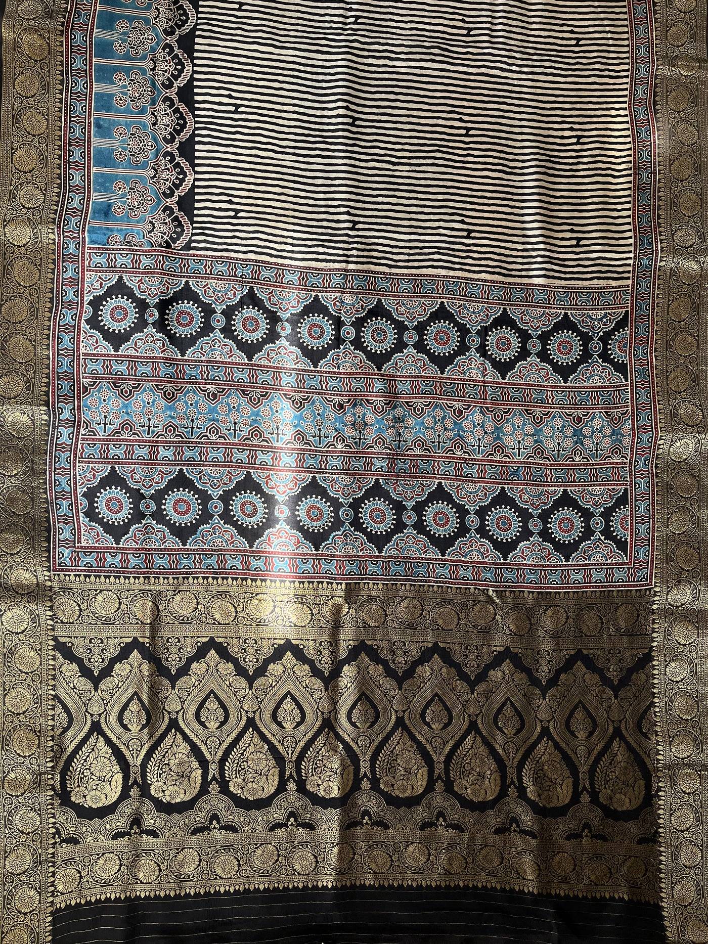 MADHAVI: Handblock Ajrakh Dola Silk Saree with Meenakari Pallu