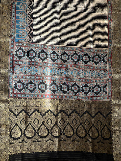 MADHAVI: Handblock Ajrakh Dola Silk Saree with Meenakari Pallu