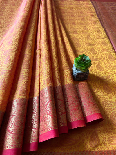 SAMYUKTA: FESTIVE WEAR SOFT SILK SAREE WITH ALL OVER TANCHOI WEAVING.