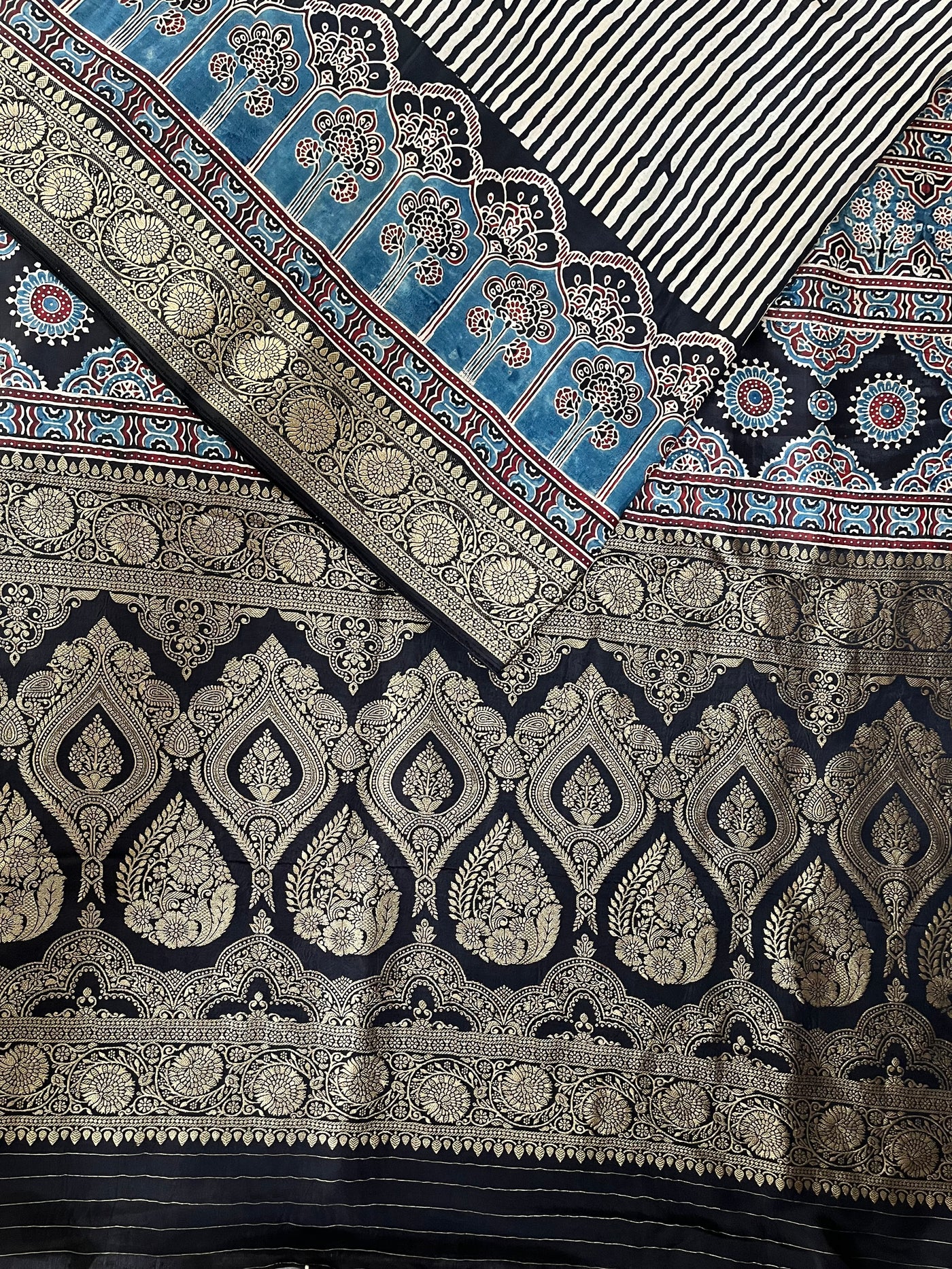 MADHAVI: Handblock Ajrakh Dola Silk Saree with Meenakari Pallu