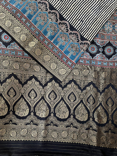 MADHAVI: Handblock Ajrakh Dola Silk Saree with Meenakari Pallu