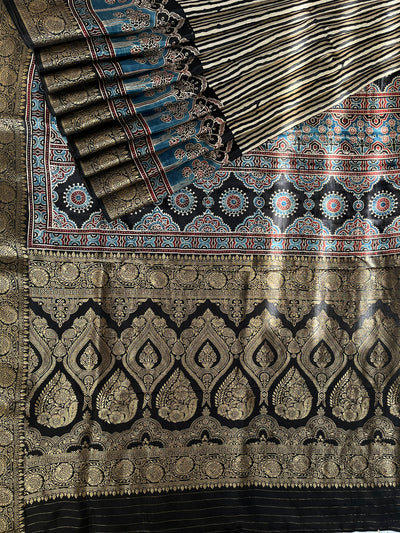 MADHAVI: Handblock Ajrakh Dola Silk Saree with Meenakari Pallu