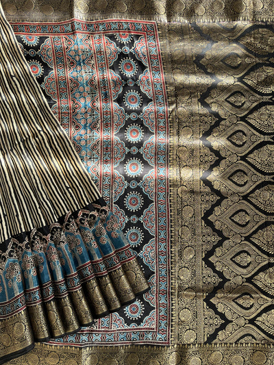 MADHAVI: Handblock Ajrakh Dola Silk Saree with Meenakari Pallu