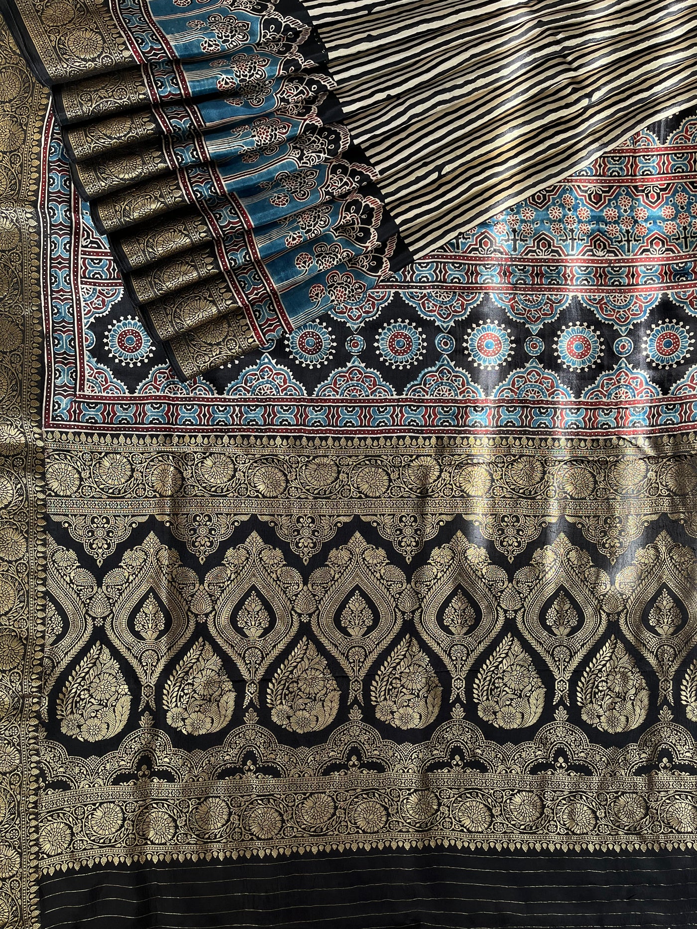 MADHAVI: Handblock Ajrakh Dola Silk Saree with Meenakari Pallu