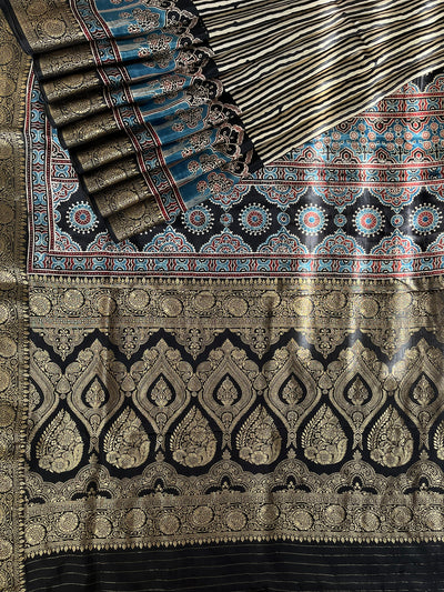 MADHAVI: Handblock Ajrakh Dola Silk Saree with Meenakari Pallu