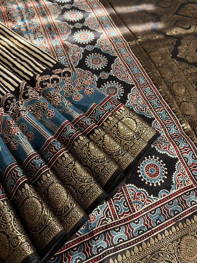 MADHAVI: Handblock Ajrakh Dola Silk Saree with Meenakari Pallu