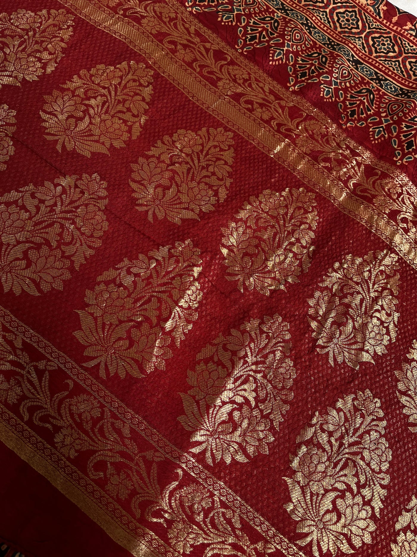 KAUSHALYA: Handblock Ajrakh Dola Silk Saree with Meenakari Pallu