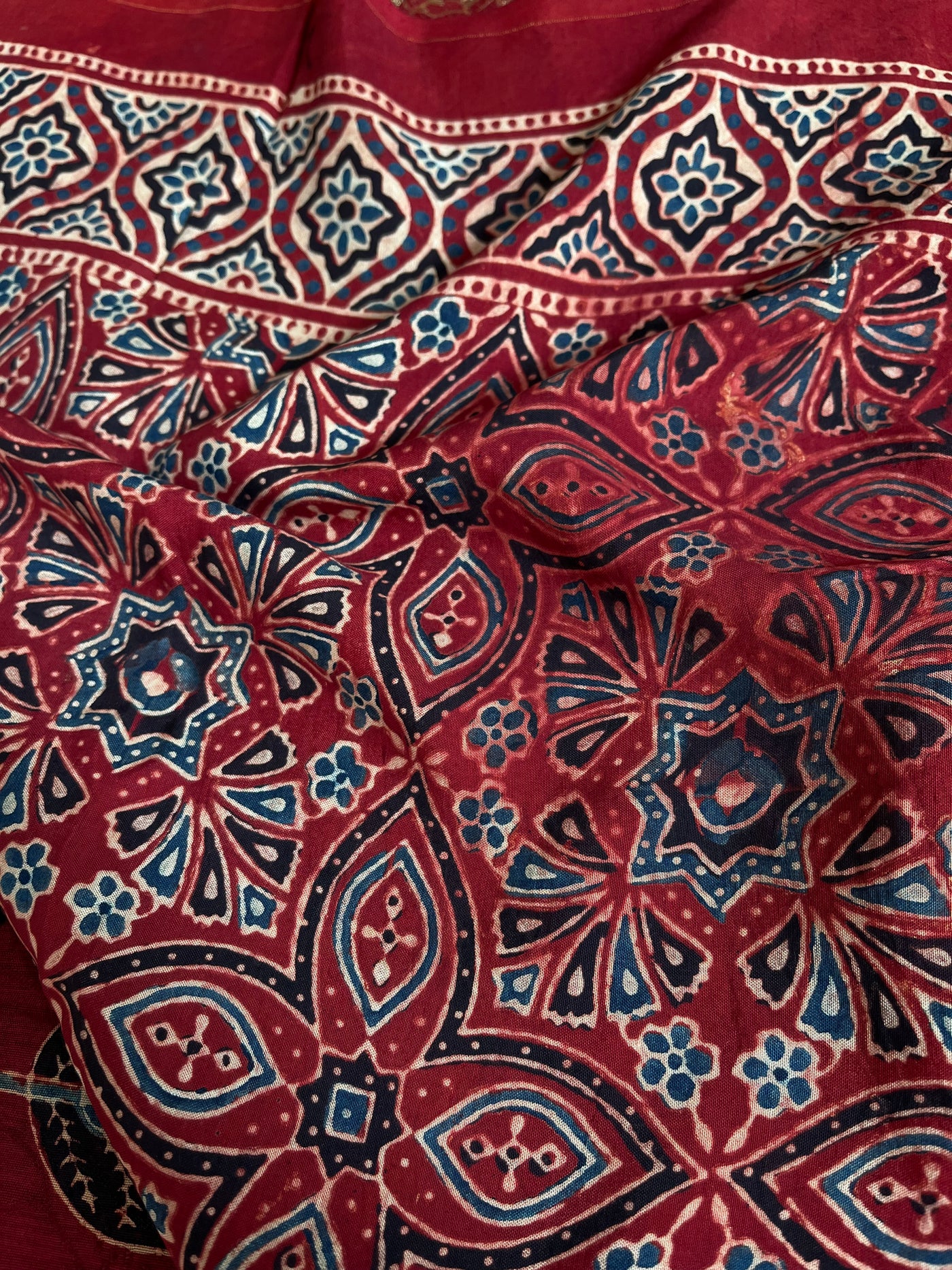 KAUSHALYA: Handblock Ajrakh Dola Silk Saree with Meenakari Pallu