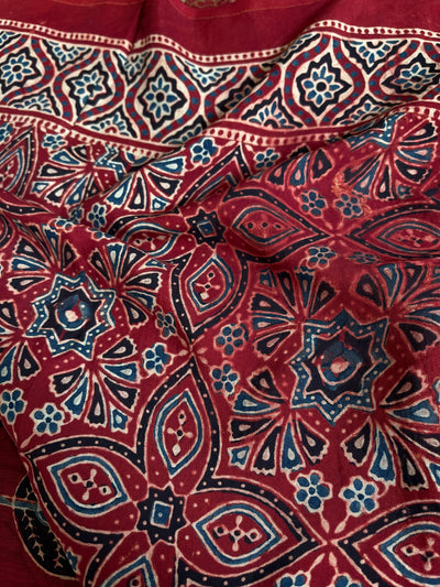 KAUSHALYA: Handblock Ajrakh Dola Silk Saree with Meenakari Pallu