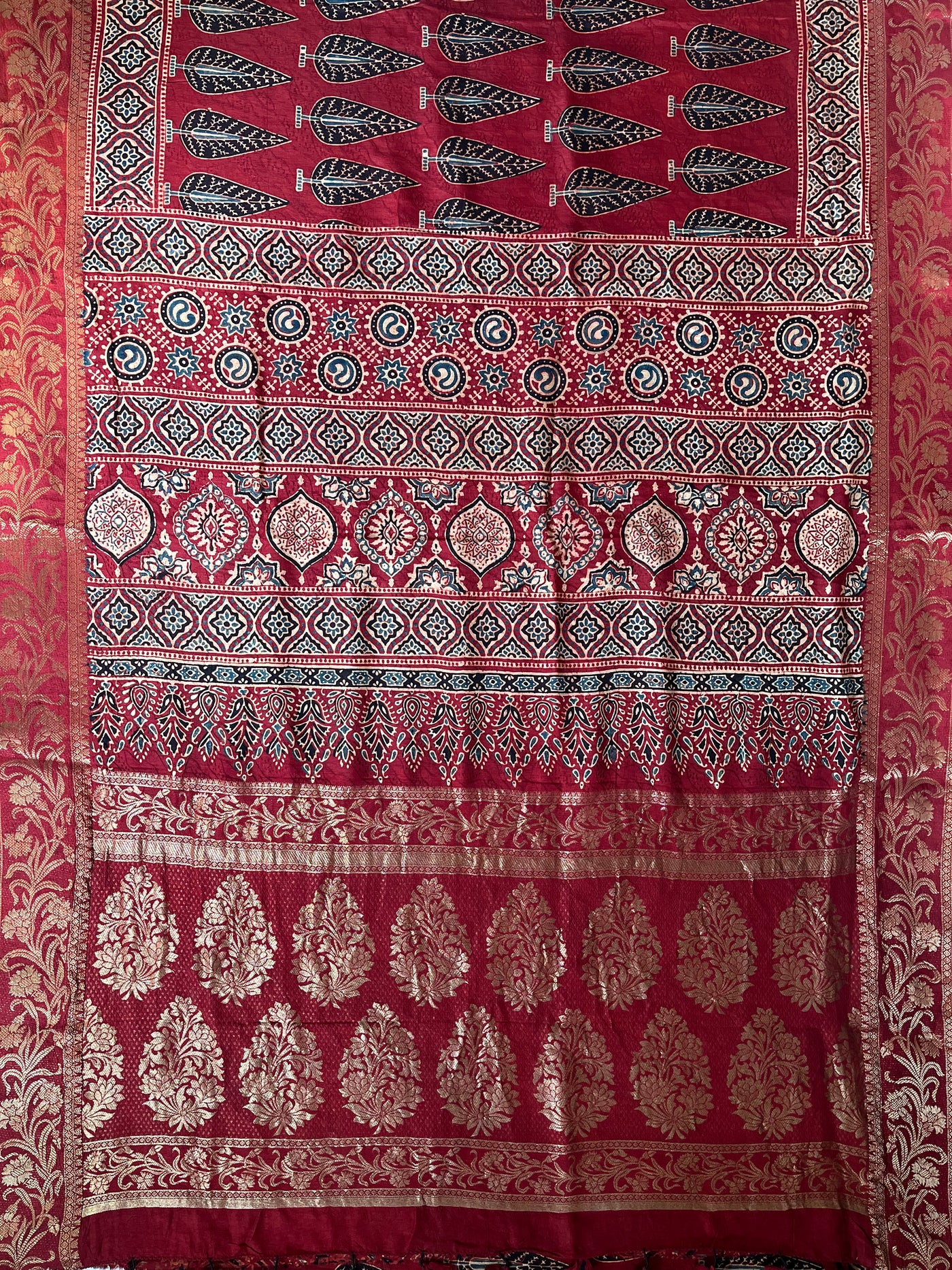 KAUSHALYA: Handblock Ajrakh Dola Silk Saree with Meenakari Pallu
