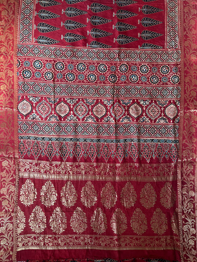 KAUSHALYA: Handblock Ajrakh Dola Silk Saree with Meenakari Pallu