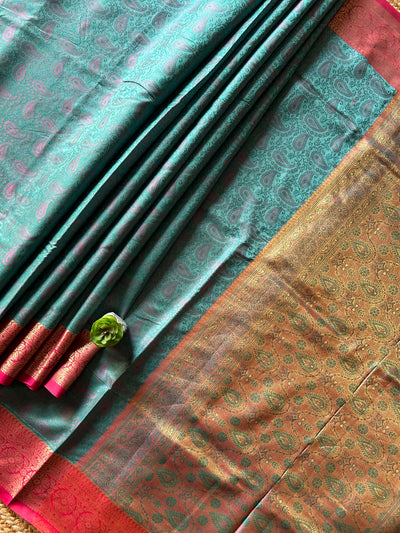 RUHAB: FESTIVE WEAR SOFT SILK SAREE WITH ALL OVER TANCHOI WEAVING.