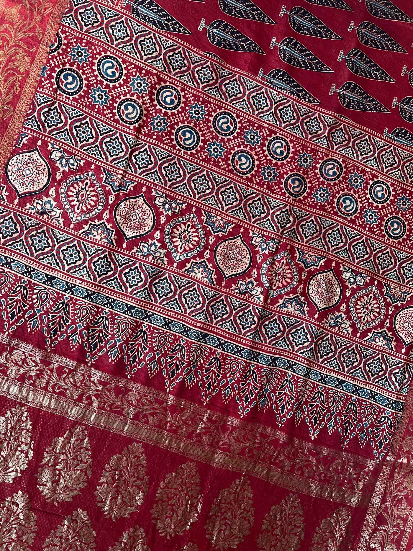 KAUSHALYA: Handblock Ajrakh Dola Silk Saree with Meenakari Pallu