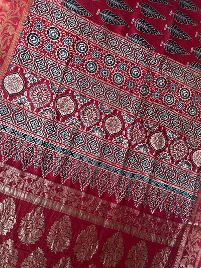 KAUSHALYA: Handblock Ajrakh Dola Silk Saree with Meenakari Pallu