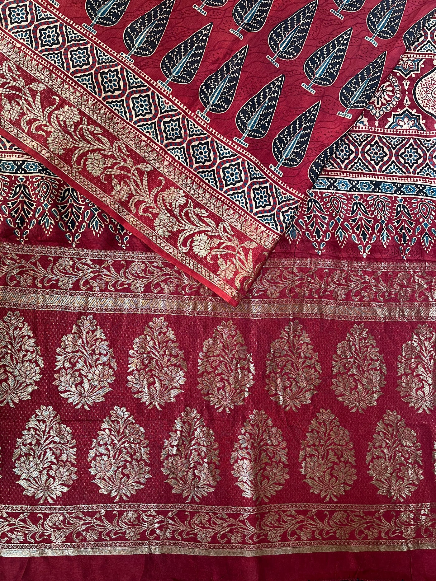 KAUSHALYA: Handblock Ajrakh Dola Silk Saree with Meenakari Pallu