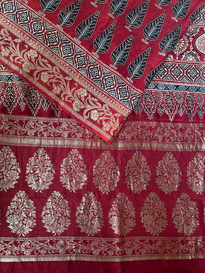 KAUSHALYA: Handblock Ajrakh Dola Silk Saree with Meenakari Pallu