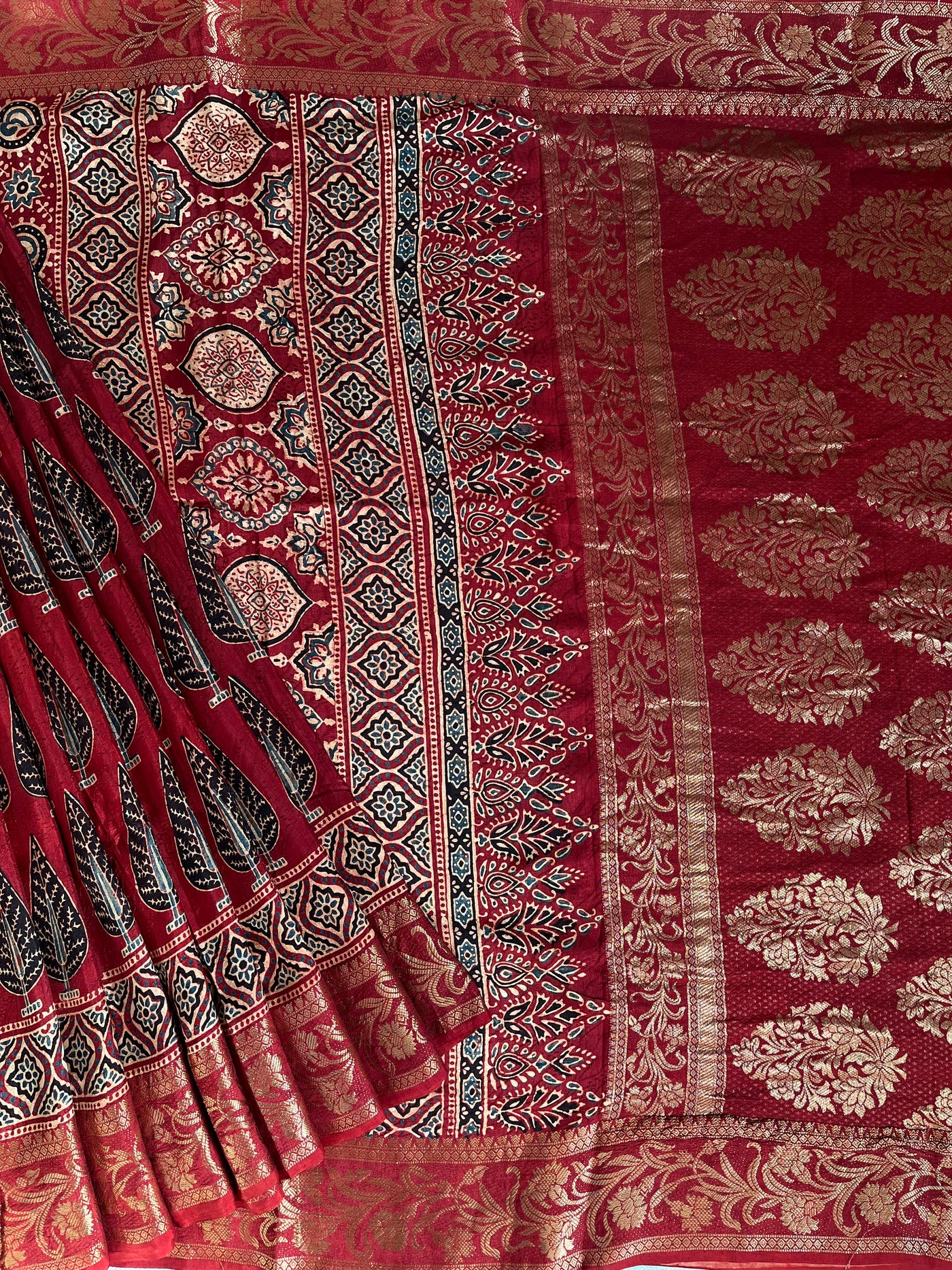 KAUSHALYA: Handblock Ajrakh Dola Silk Saree with Meenakari Pallu