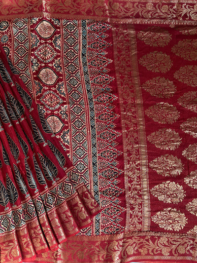 KAUSHALYA: Handblock Ajrakh Dola Silk Saree with Meenakari Pallu