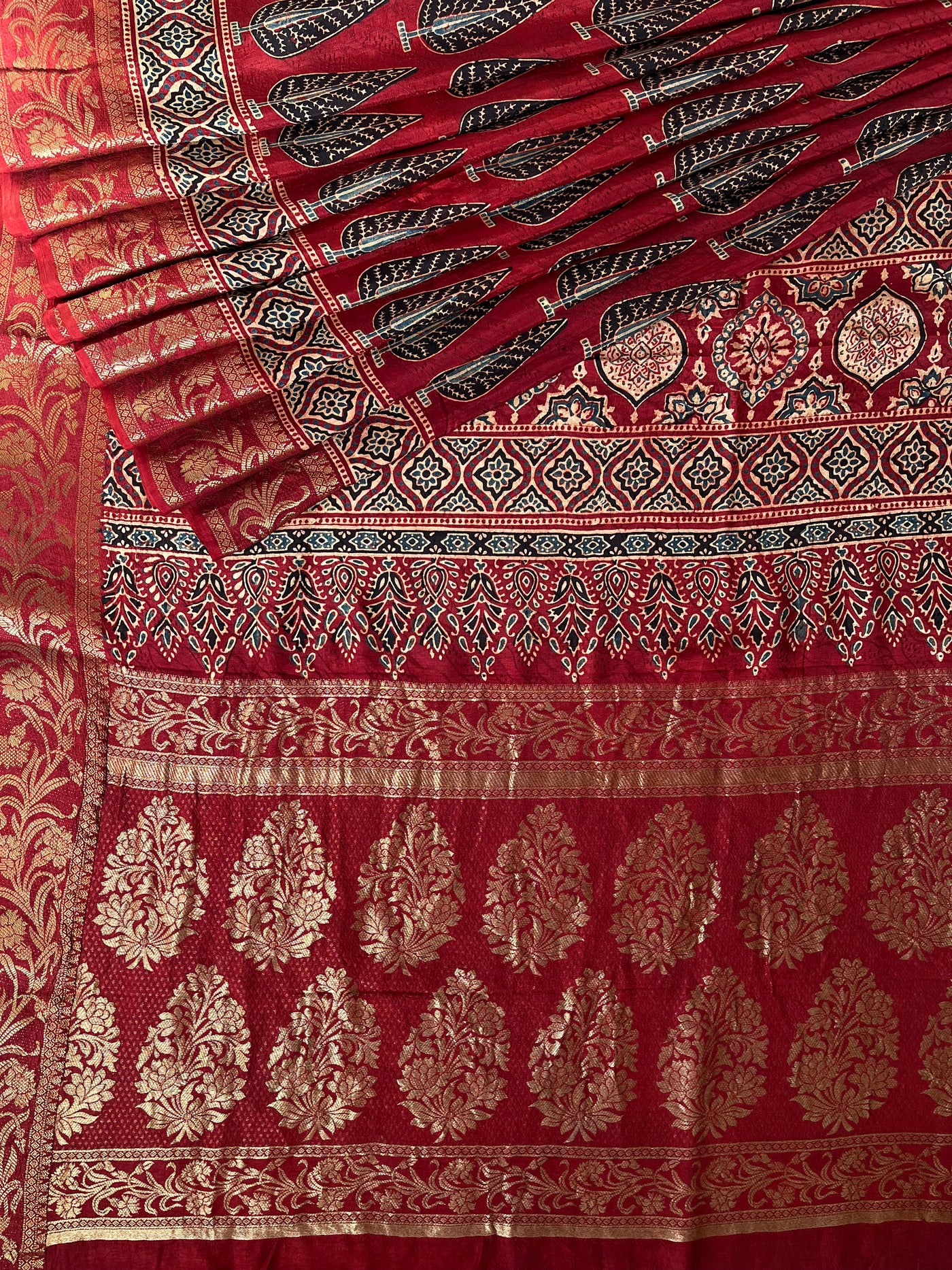 KAUSHALYA: Handblock Ajrakh Dola Silk Saree with Meenakari Pallu