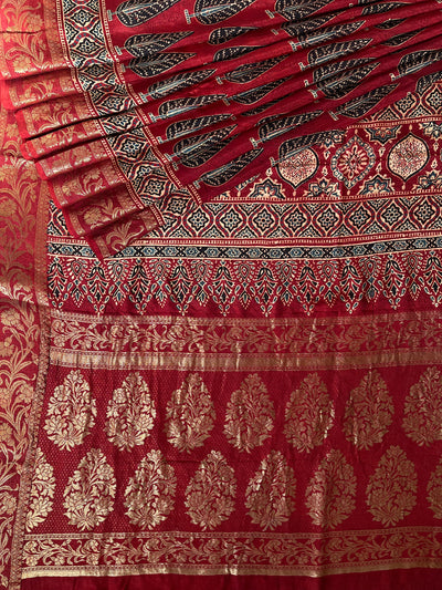 KAUSHALYA: Handblock Ajrakh Dola Silk Saree with Meenakari Pallu