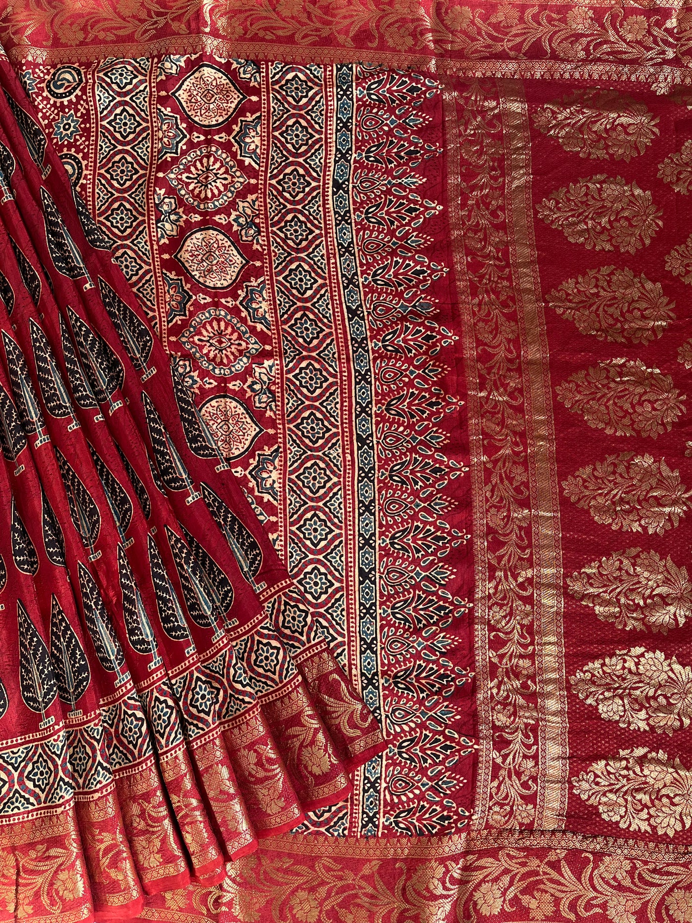 KAUSHALYA: Handblock Ajrakh Dola Silk Saree with Meenakari Pallu