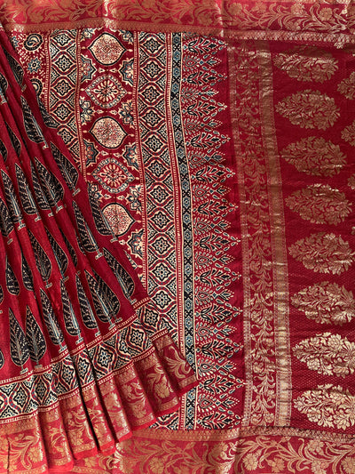 KAUSHALYA: Handblock Ajrakh Dola Silk Saree with Meenakari Pallu