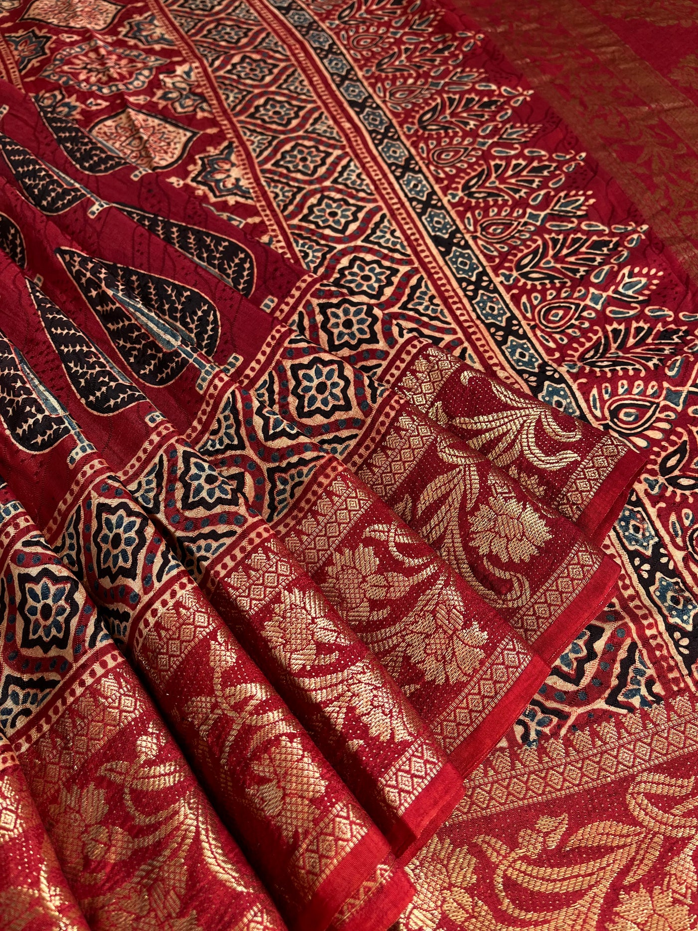 KAUSHALYA: Handblock Ajrakh Dola Silk Saree with Meenakari Pallu