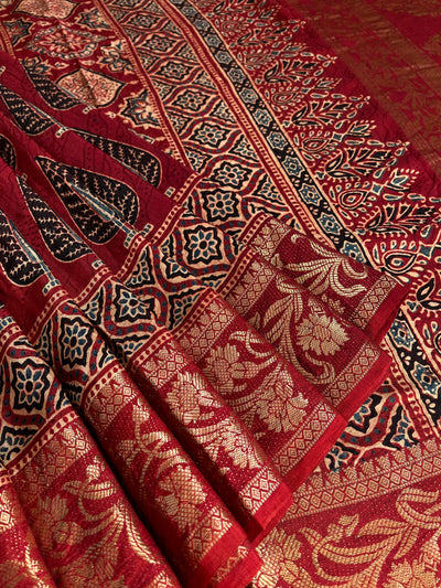 KAUSHALYA: Handblock Ajrakh Dola Silk Saree with Meenakari Pallu
