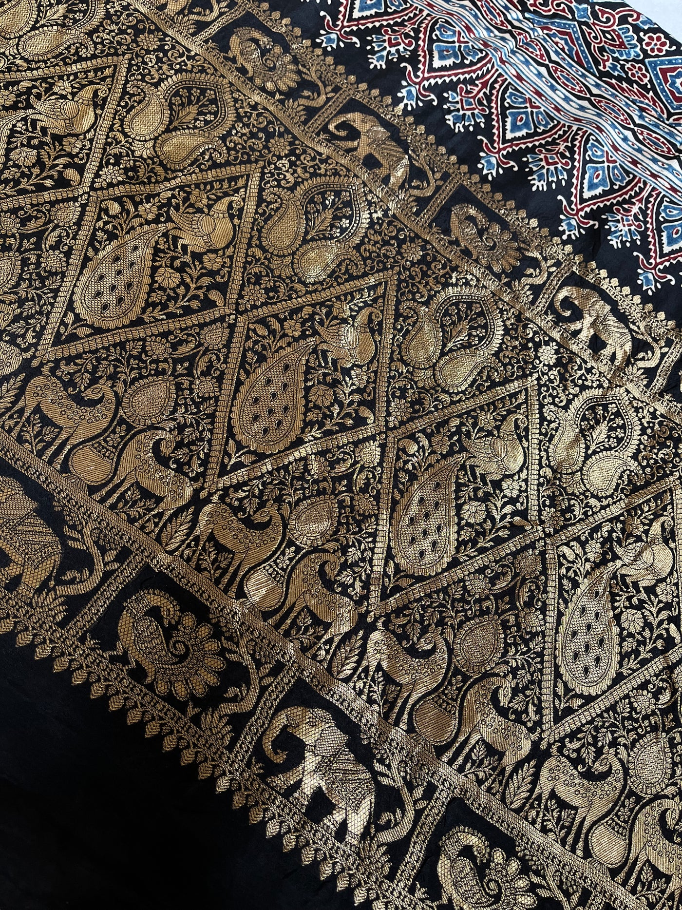 JAISVI: Handblock Ajrakh Dola Silk Saree with Meenakari Pallu