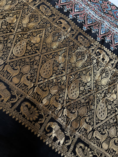 JAISVI: Handblock Ajrakh Dola Silk Saree with Meenakari Pallu