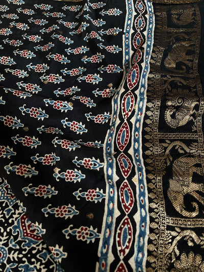 JAISVI: Handblock Ajrakh Dola Silk Saree with Meenakari Pallu