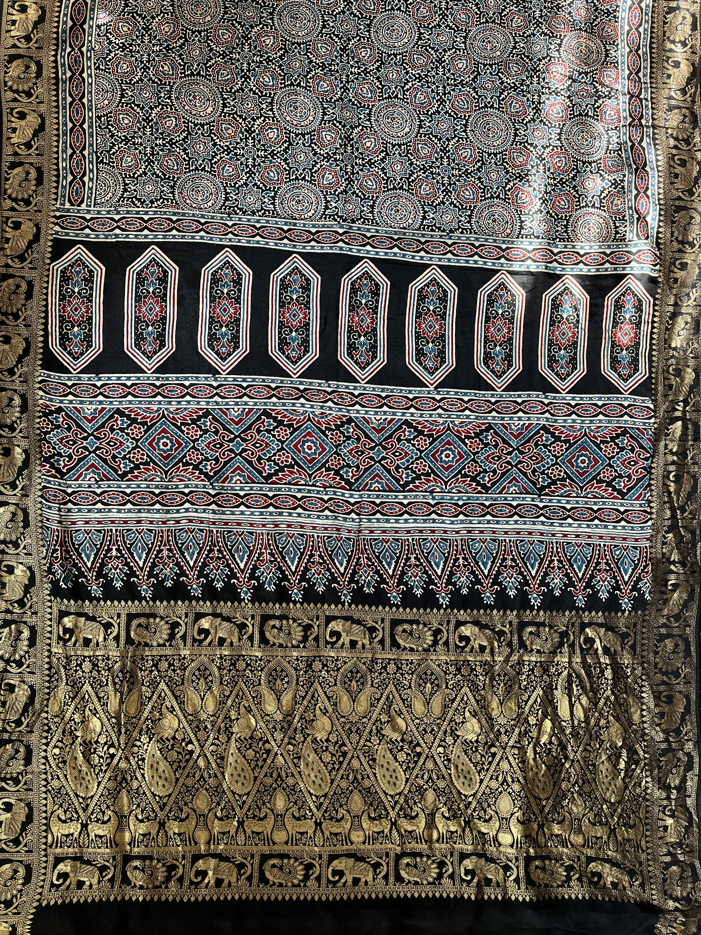 JAISVI: Handblock Ajrakh Dola Silk Saree with Meenakari Pallu
