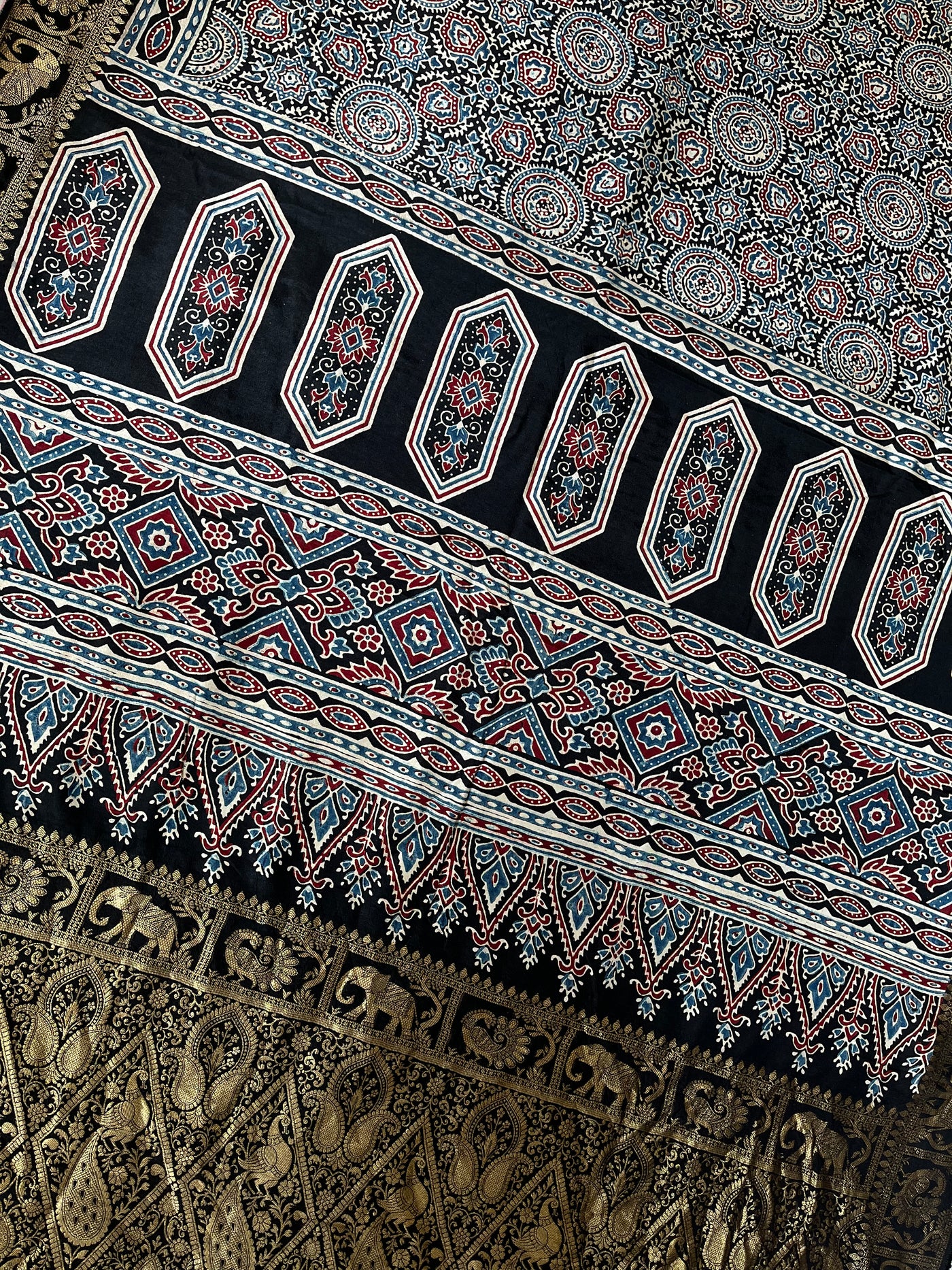 JAISVI: Handblock Ajrakh Dola Silk Saree with Meenakari Pallu