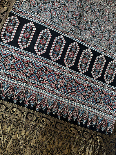 JAISVI: Handblock Ajrakh Dola Silk Saree with Meenakari Pallu