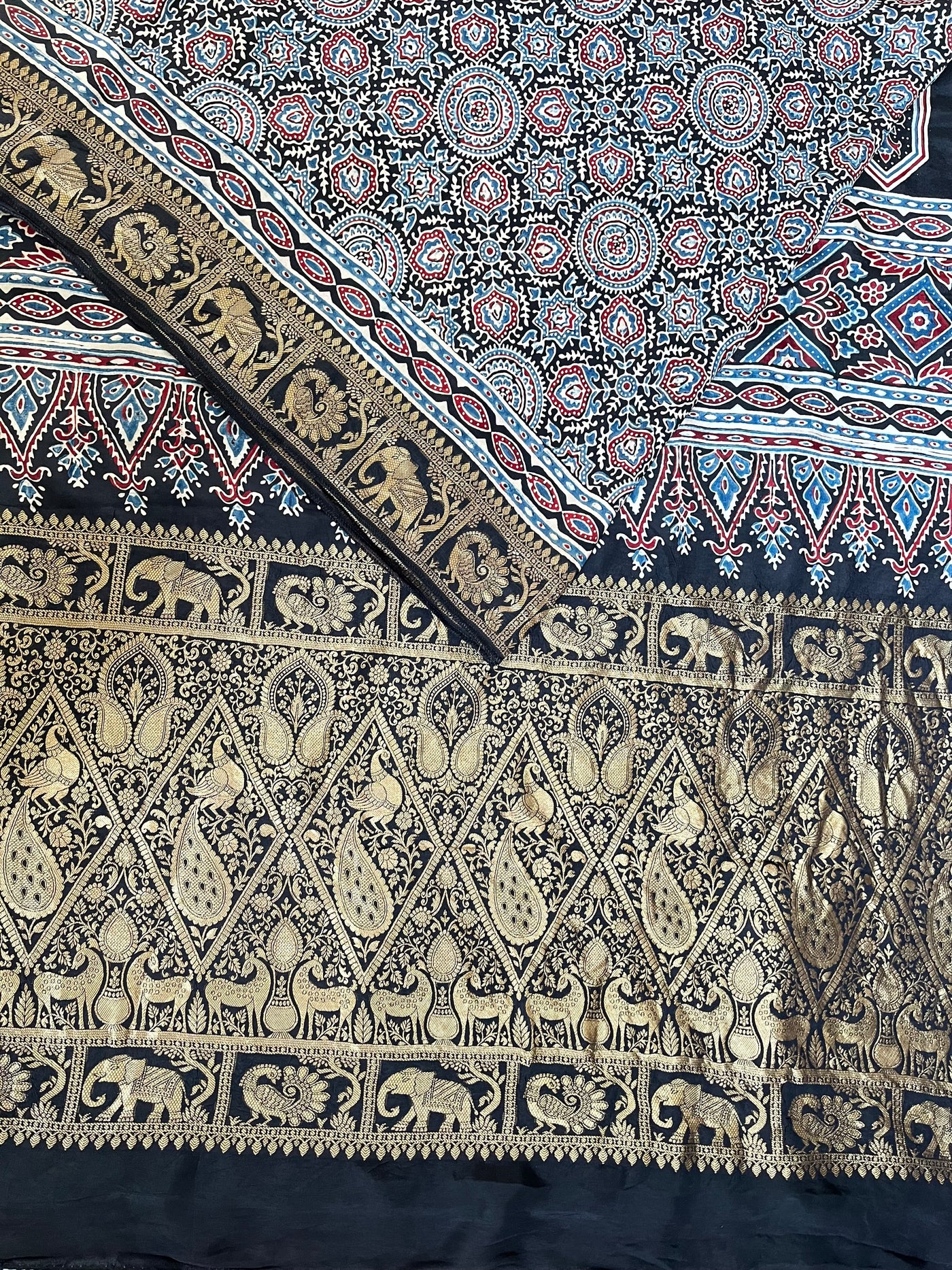 JAISVI: Handblock Ajrakh Dola Silk Saree with Meenakari Pallu