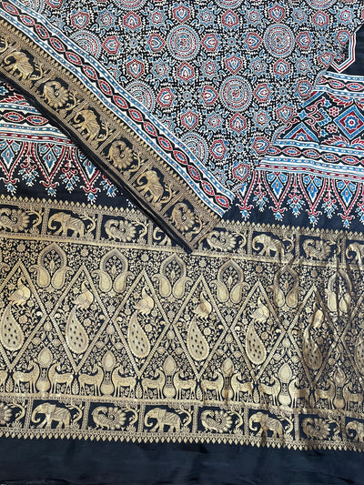 JAISVI: Handblock Ajrakh Dola Silk Saree with Meenakari Pallu