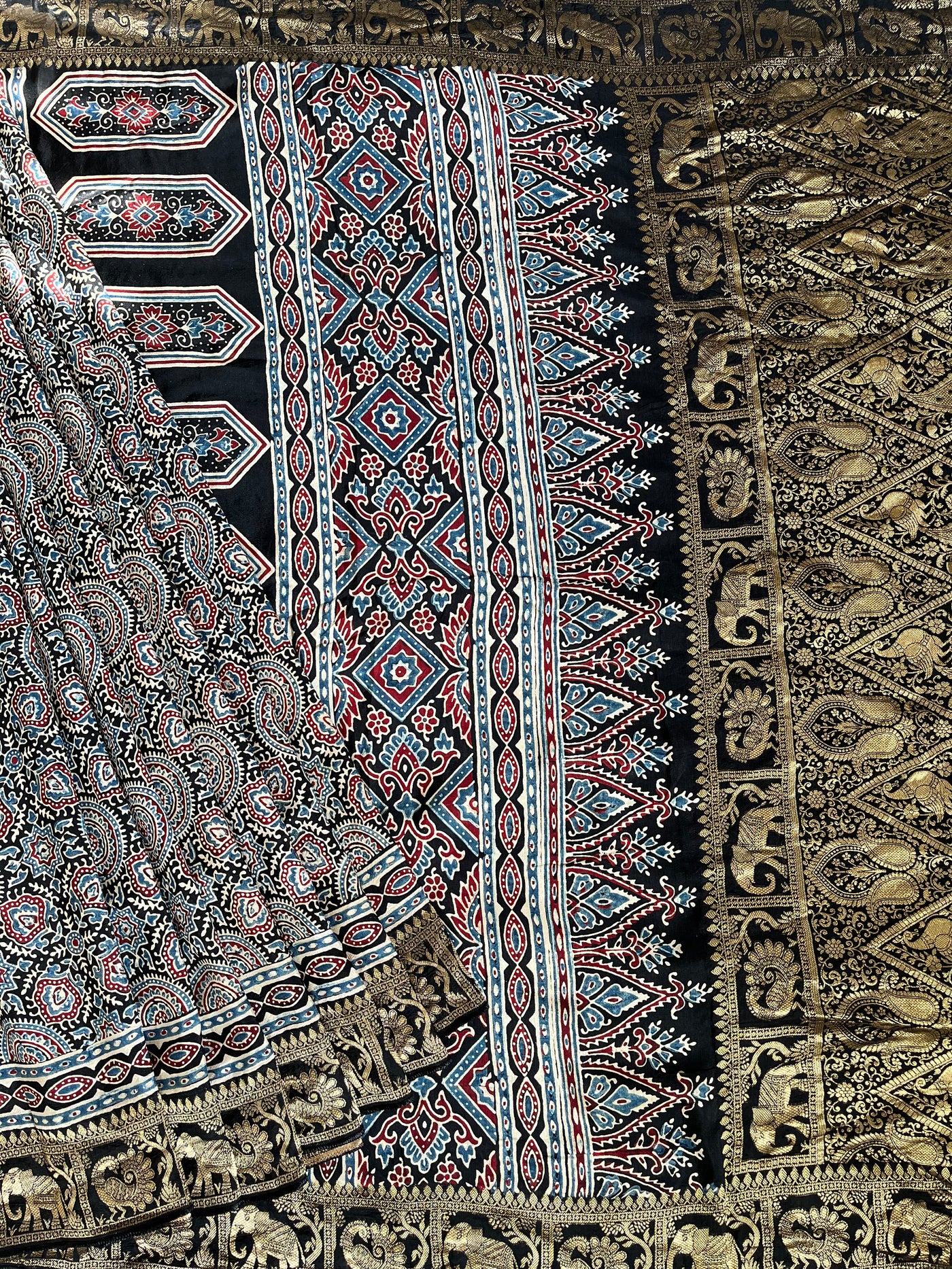 JAISVI: Handblock Ajrakh Dola Silk Saree with Meenakari Pallu