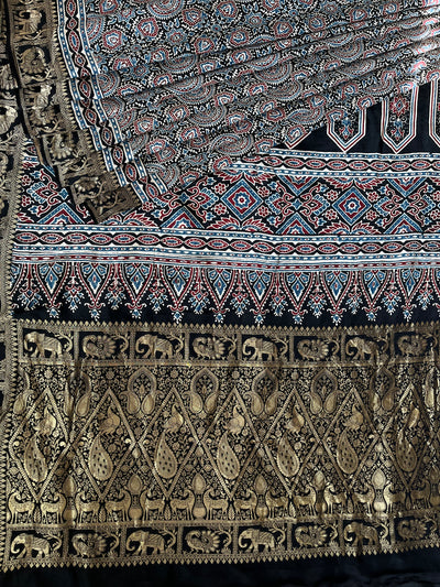 JAISVI: Handblock Ajrakh Dola Silk Saree with Meenakari Pallu