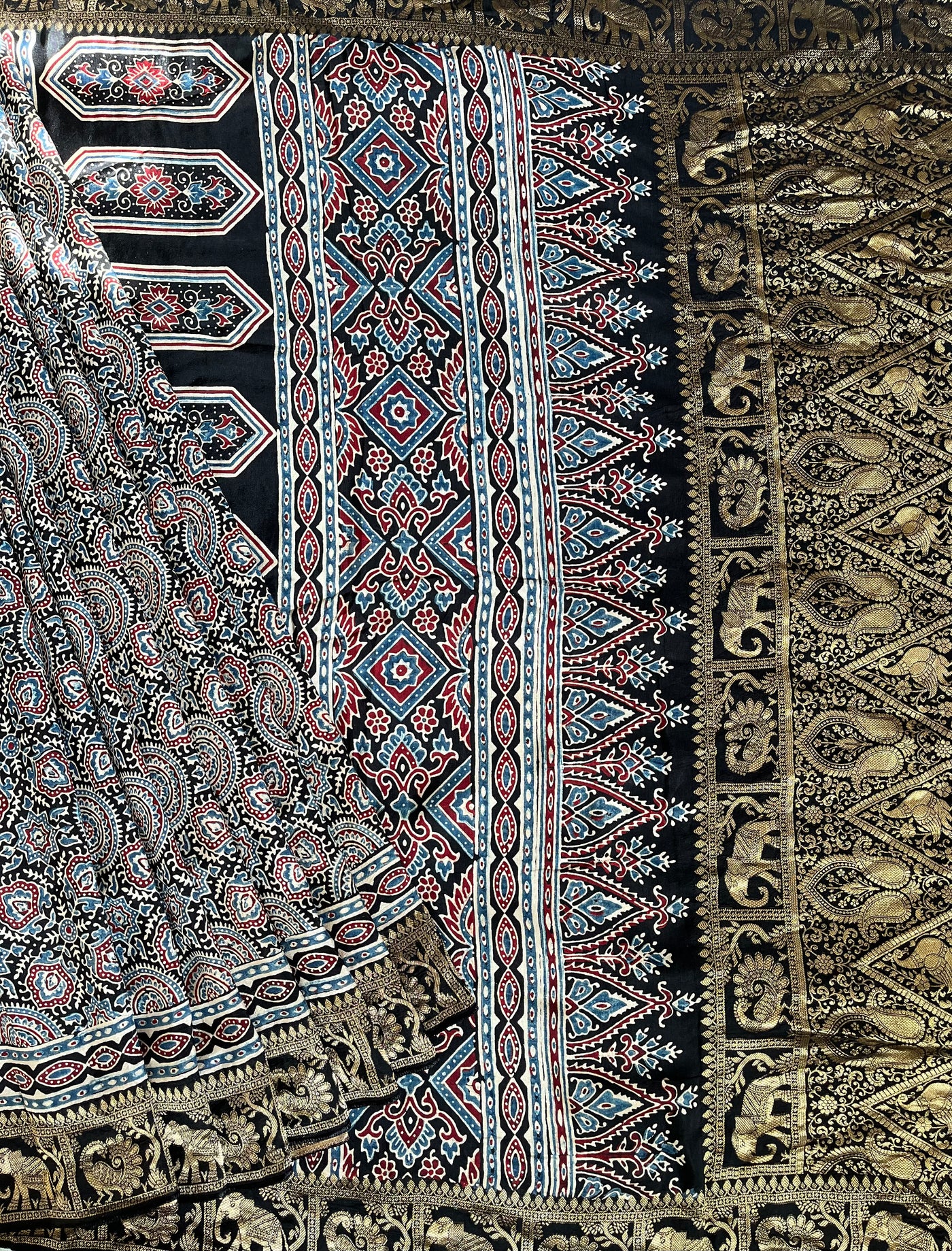 JAISVI: Handblock Ajrakh Dola Silk Saree with Meenakari Pallu