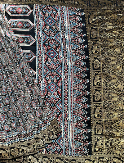 JAISVI: Handblock Ajrakh Dola Silk Saree with Meenakari Pallu