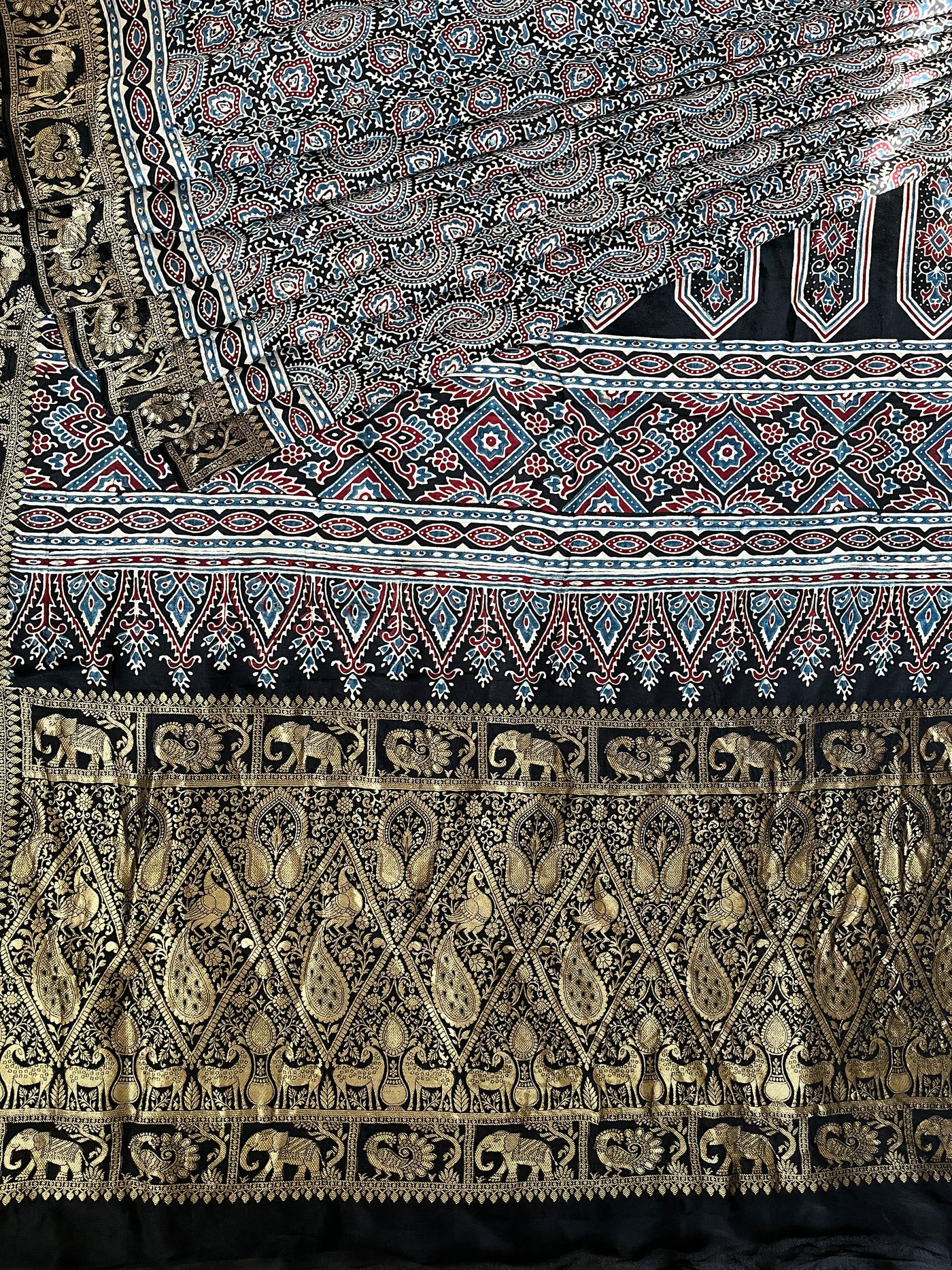 JAISVI: Handblock Ajrakh Dola Silk Saree with Meenakari Pallu