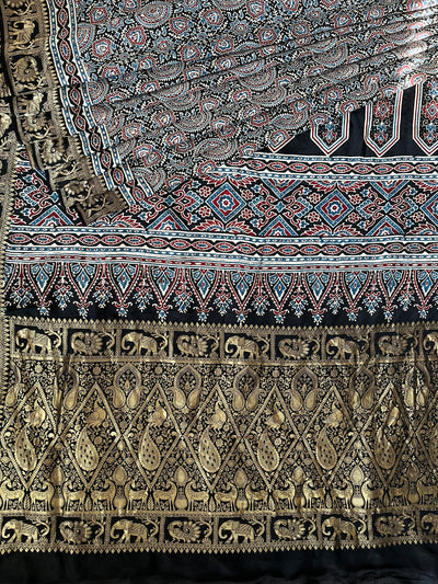 JAISVI: Handblock Ajrakh Dola Silk Saree with Meenakari Pallu