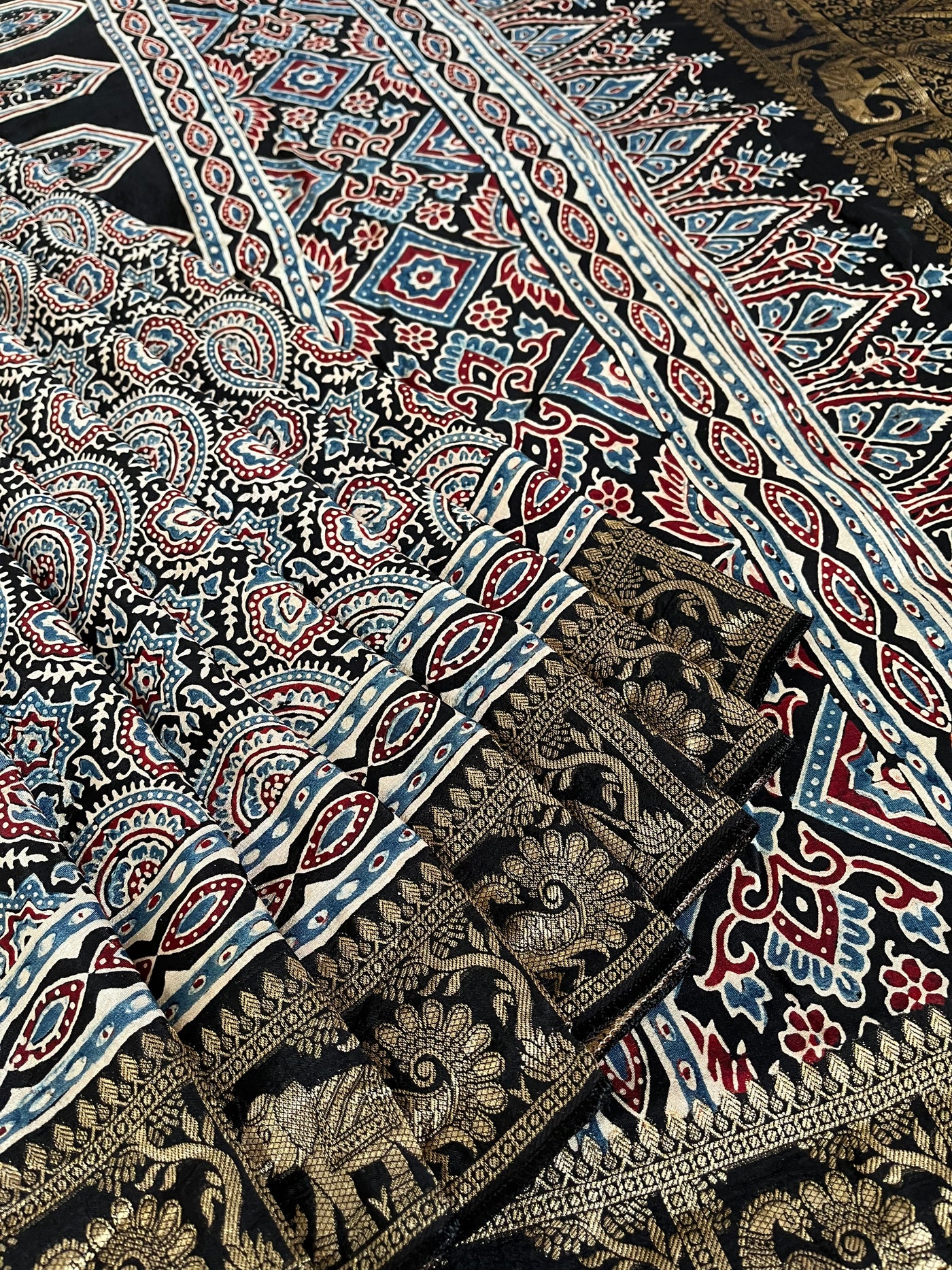 JAISVI: Handblock Ajrakh Dola Silk Saree with Meenakari Pallu