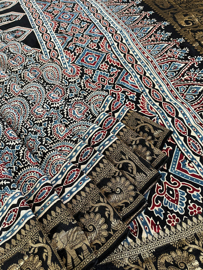 JAISVI: Handblock Ajrakh Dola Silk Saree with Meenakari Pallu