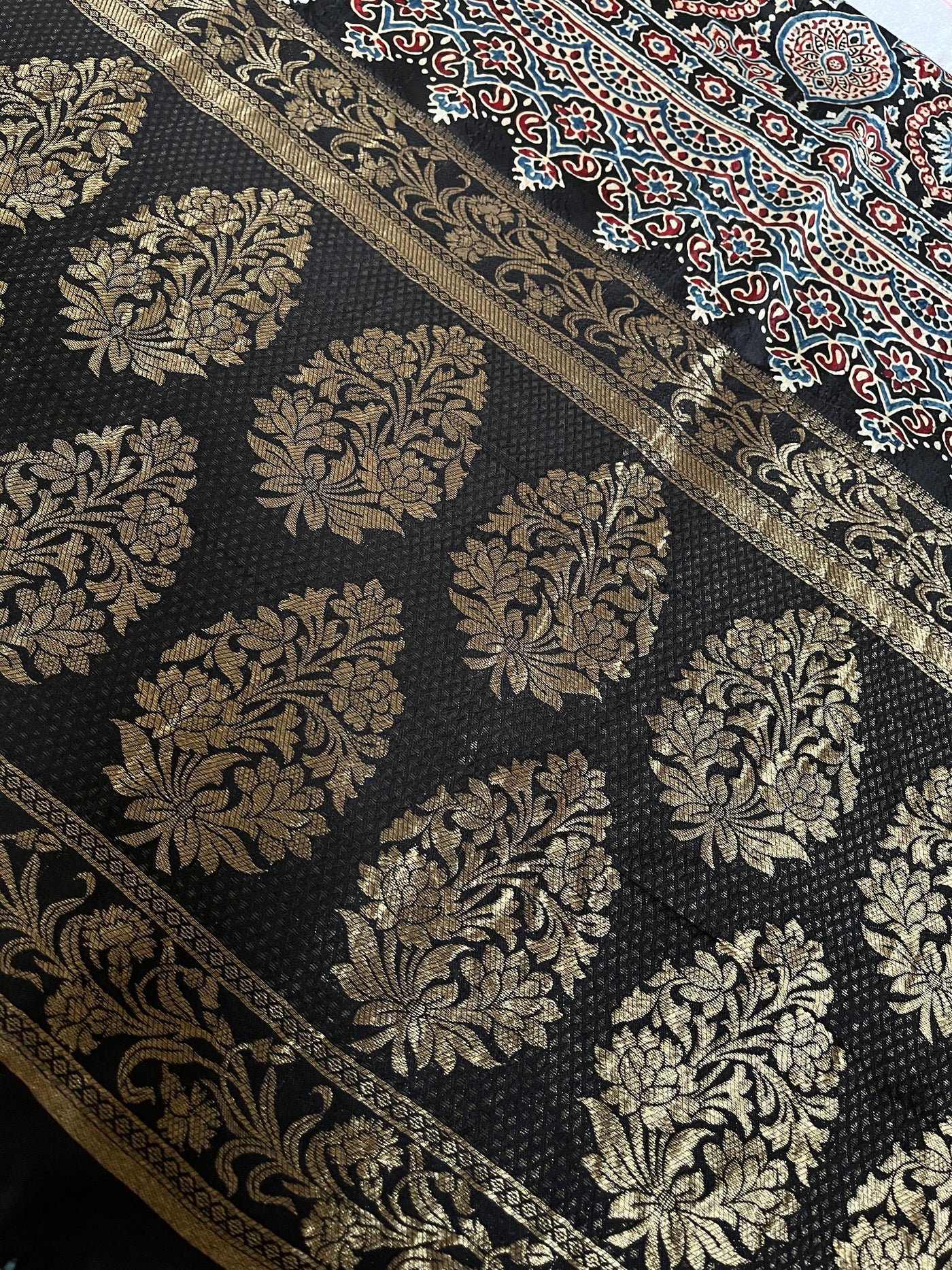 RUPALI: Handblock Ajrakh Dola Silk Saree with Meenakari Pallu