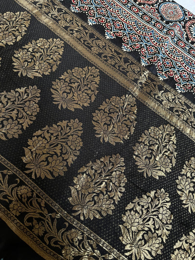 RUPALI: Handblock Ajrakh Dola Silk Saree with Meenakari Pallu