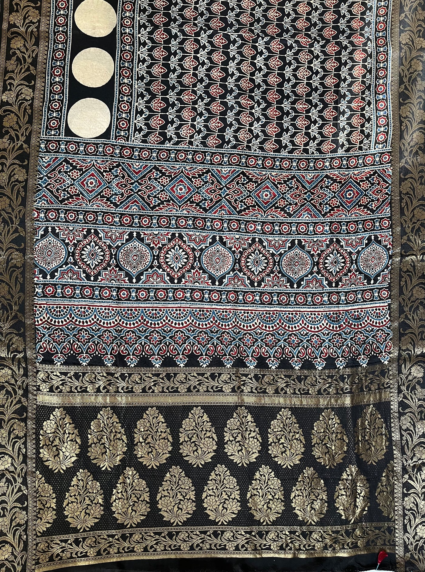 RUPALI: Handblock Ajrakh Dola Silk Saree with Meenakari Pallu